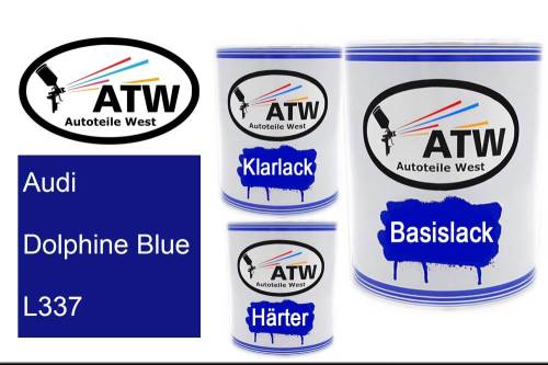 Audi, Dolphine Blue, L337: 1L Lackdose + 1L Klarlack + 500ml Härter - Set, von ATW Autoteile West.